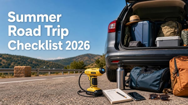 Summer road trip checklist with packed car, luggage, checklist, and tire inflator